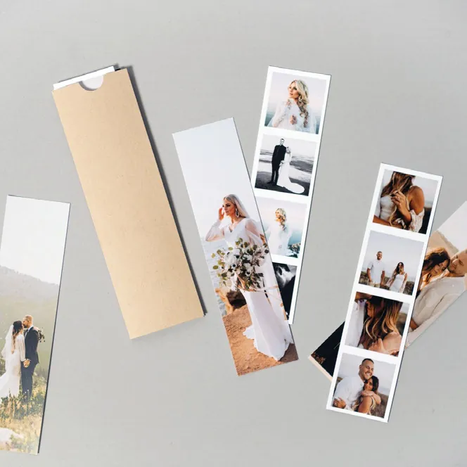 Photo strips arranged on a surface
